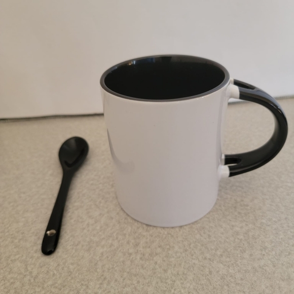 BLACK & WHITE CERAMIC MUG & spoon set , 11oz, coffee mug, new in box - Picture 3 of 4